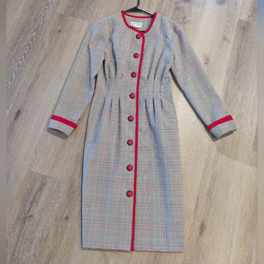Melissa Vintage Glen Plaid Dress Red Trim Button Front Midi Secretary 80s Retro